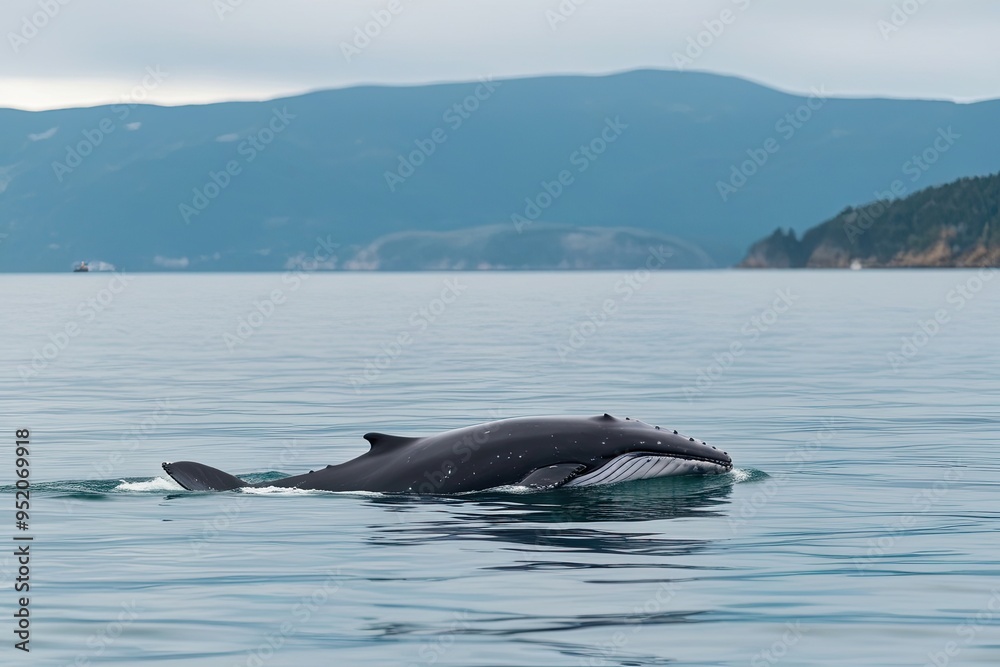 Fototapeta premium Baby Whale Gliding Elegantly in Calm Bay with Peaceful Waves and Tranquil Waters
