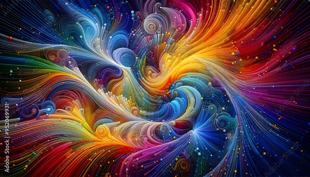 For a 3D rendered photo of artistic abstract musing rainbow network art wallpaper, the design would merge the vibrancy of rainbow colors with the complexity of network patterns.