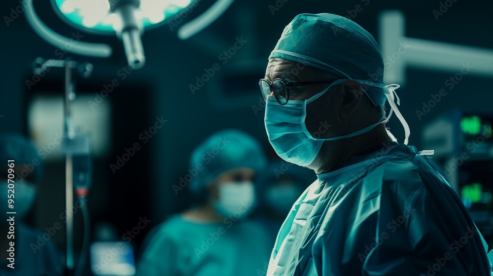 Surgeons working in an operating room with focused lighting Surgeons working in an operating room with focused lighting