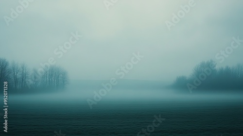 A misty landscape with bare trees and a fog-covered field, evoking tranquility and solitude.