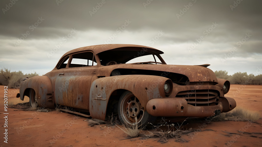 Fototapeta premium Rusty Classic Car Abandoned in Desert Landscape
