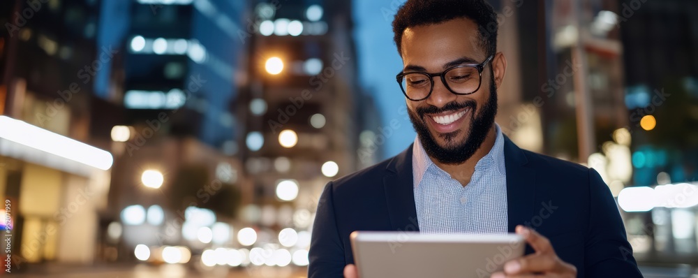 A young professional using a tablet in a bustling urban area, with visual elements showing 5G network coverage. A young professional using a tablet in a bustling urban area, with visual elements showing 5G network coverage.
