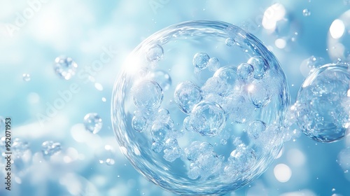 Floating Bubble with Molecules on Soft Blue Background