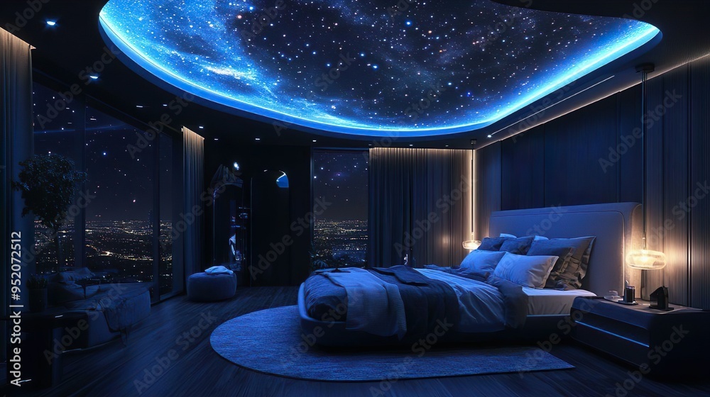 Stellar Bedroom with a Galaxy Themed Ceiling and Calming Ambient Lighting for Restful Nights Stellar Bedroom with a Galaxy Themed Ceiling and Calming Ambient Lighting for Restful Nights