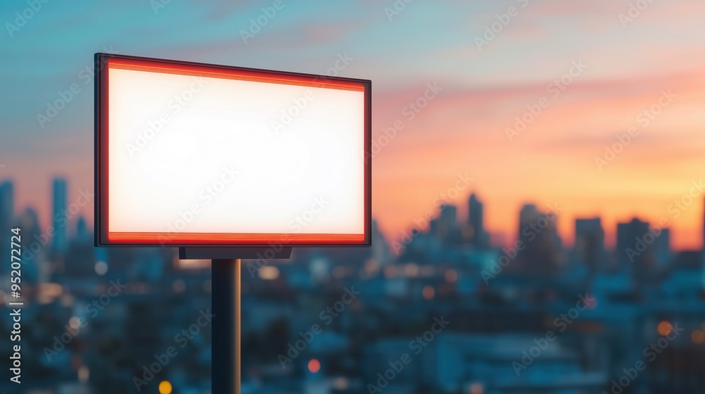 Fototapeta premium A blank advertising billboard stands tall against a colorful sunset skyline, perfect for showcasing creative marketing ideas.