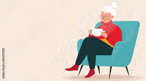 A cheerful elderly woman enjoys tea while sitting comfortably in a stylish armchair, embodying warmth and relaxation.