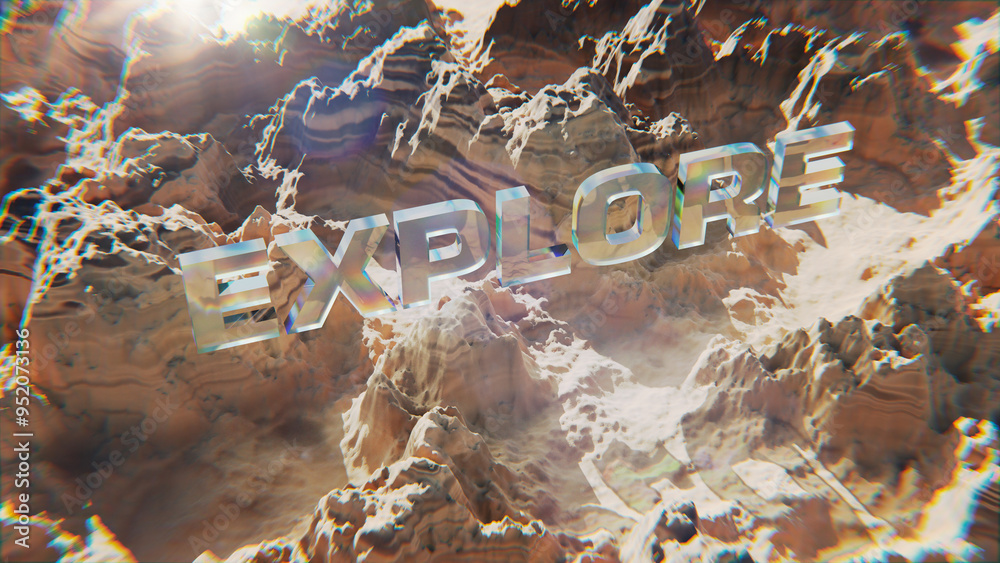 3D illustration of glass “EXPLORE” text flying over rugged, layered rocky terrain with light reflections.