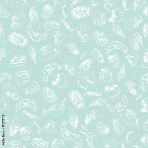 Seamless pattern with drinks an desserts art print for textile, paper, wallpaper decor design food kitchen cafe restaurants