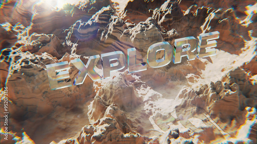 Obraz na płótnie 3D illustration of glass “EXPLORE” text flying over rugged, layered rocky terrain with light reflections. w salonie
