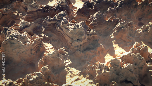 3D illustration of desert rugged layered rocky terrain