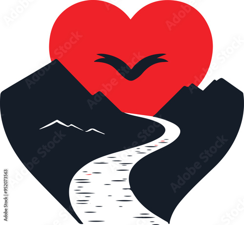 A stylized design featuring mountains, a river, and a heart, symbolizing love for nature.