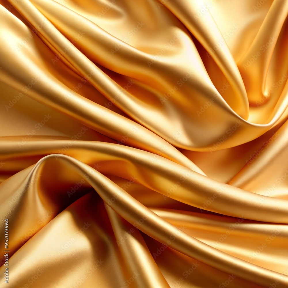 Fototapeta premium Golden fabric with a smooth, silky texture drapes elegantly, creating gentle folds and waves. 