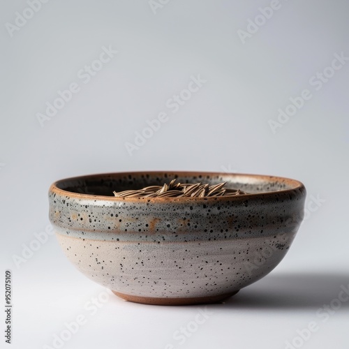 Medium shot of Grains on a bowl, isolated on a white background, 