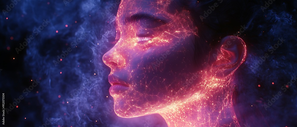 Glowing abstract portrait of a woman's face with digital particles and smoke.
