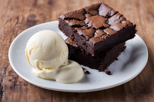 A rich chocolatey brownie with a crackly top served with a scoop of vanilla ice cream, AI Generated photo