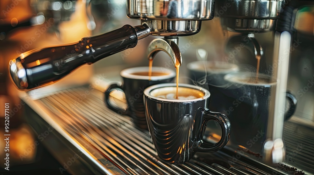 Espresso being brewed into two black cups on an espresso machine. Espresso being brewed into two black cups on an espresso machine.