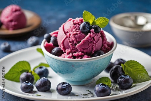 Wallpaper Mural Blueberry Sorbet: Overhead view of a scoop of blueberry sorbet on a plain white plate, garnished with a few fresh blueberries and a mint leaf for a pop of color. Torontodigital.ca