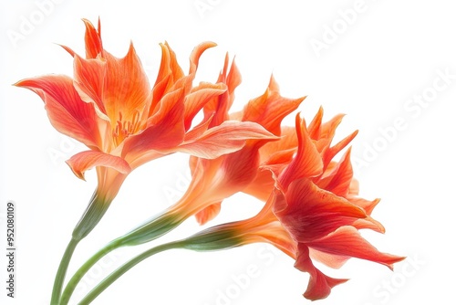 A close-up of vibrant orange flowers against a white background, showcasing their intricate petals.