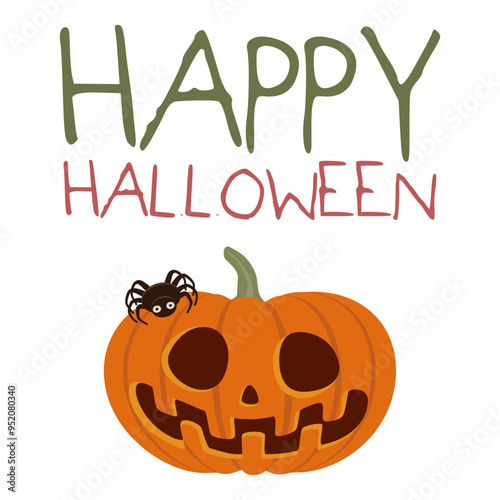 Happy Halloween Day poster or banner vector template, social media post. Illustration of orange pumpkin and spider in flat style isolated on white background