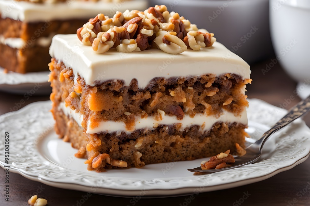 A slice of moist carrot cake with layers of cream cheese frosting topped with chopped walnuts, AI Generated A slice of moist carrot cake with layers of cream cheese frosting topped with chopped walnuts, AI Generated