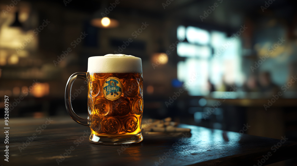 A beer mug with a unique creative design filled with golden beer and frothy foam sits on a rustic wooden table in a cozy pub atmosphere A beer mug with a unique creative design filled with golden beer and frothy foam sits on a rustic wooden table in a cozy pub atmosphere