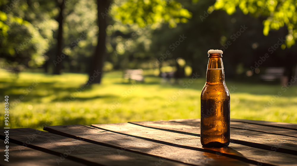 A frosty beer bottle sits on a wooden picnic table in a sunlit park, surrounded by lush greenery and a tranquil atmosphere A frosty beer bottle sits on a wooden picnic table in a sunlit park, surrounded by lush greenery and a tranquil atmosphere