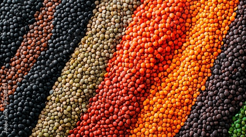 Colorful assortment of lentils displayed on counter top, top view, close-up, macrophotography