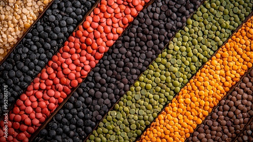 Vibrant assortment of colorful lentils arranged in neat rows, top view, close-up, macrophotography