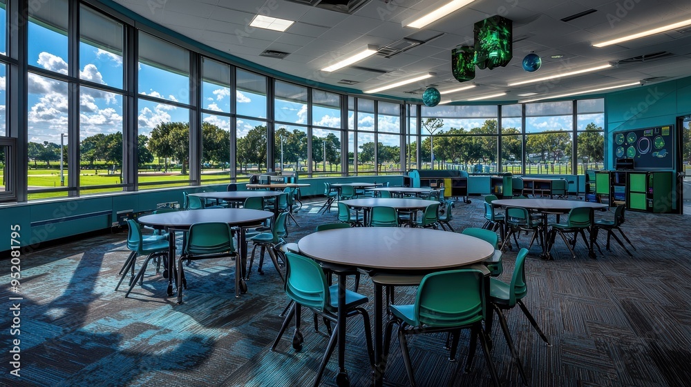 Fototapeta premium Bright and spacious classroom featuring modern furniture and large windows for natural light.