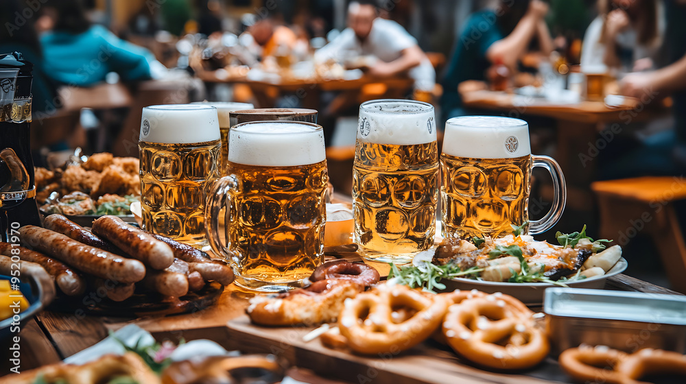 A table at oktoberfest filled with traditional german food, beer mugs, and lively atmosphere, showcasing a festive celebration of culture and cuisine A table at oktoberfest filled with traditional german food, beer mugs, and lively atmosphere, showcasing a festive celebration of culture and cuisine