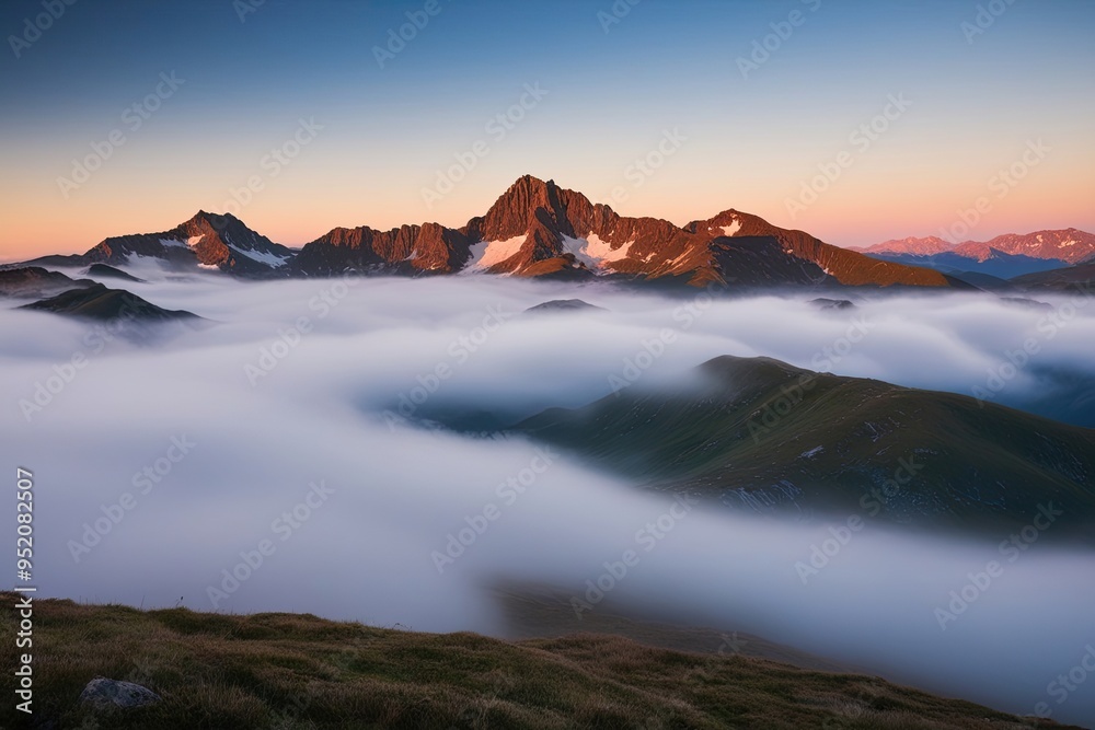 Fototapeta premium Misty Dawn Over Tranquil Mountain Landscape