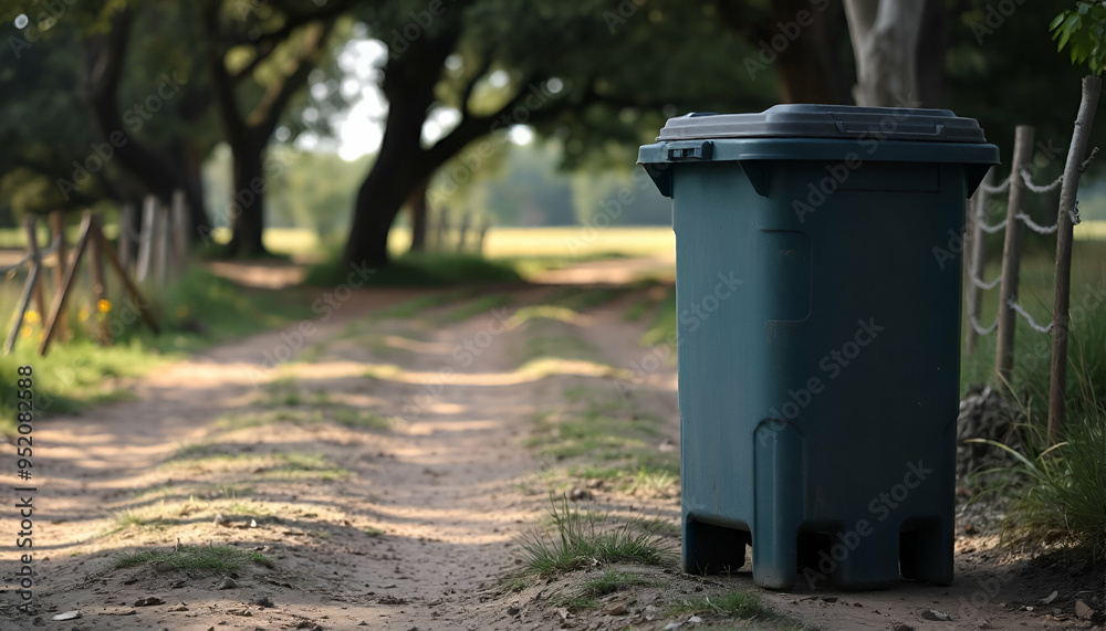 A trash can on a dirt path in a rural setting, with a large tree and sunlight in the background A trash can on a dirt path in a rural setting, with a large tree and sunlight in the background
