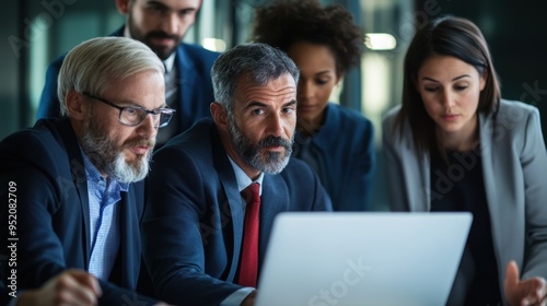 Business team gathered around a laptop, looking at a presentation with expressions of interest 