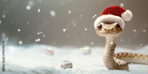 A snake in a Santa Claus hat. The symbol of the New Year 2025. Happy New Year and Merry Christmas card. Banner