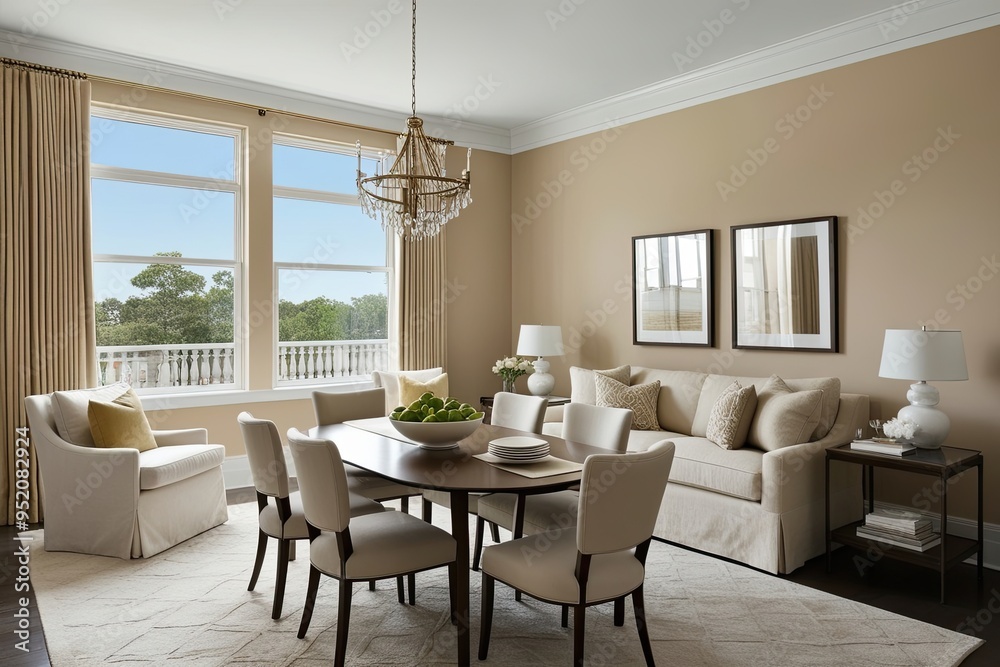 Fototapeta premium Bright Beige Living Room with Dining Area and Cozy Window Seating