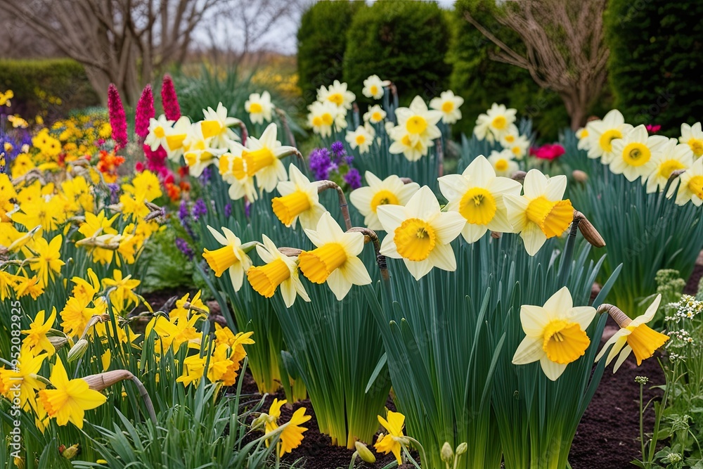 Stunning Arrangement of Yellow Daffodils and Wildflowers in a Lively Garden Setting Stunning Arrangement of Yellow Daffodils and Wildflowers in a Lively Garden Setting