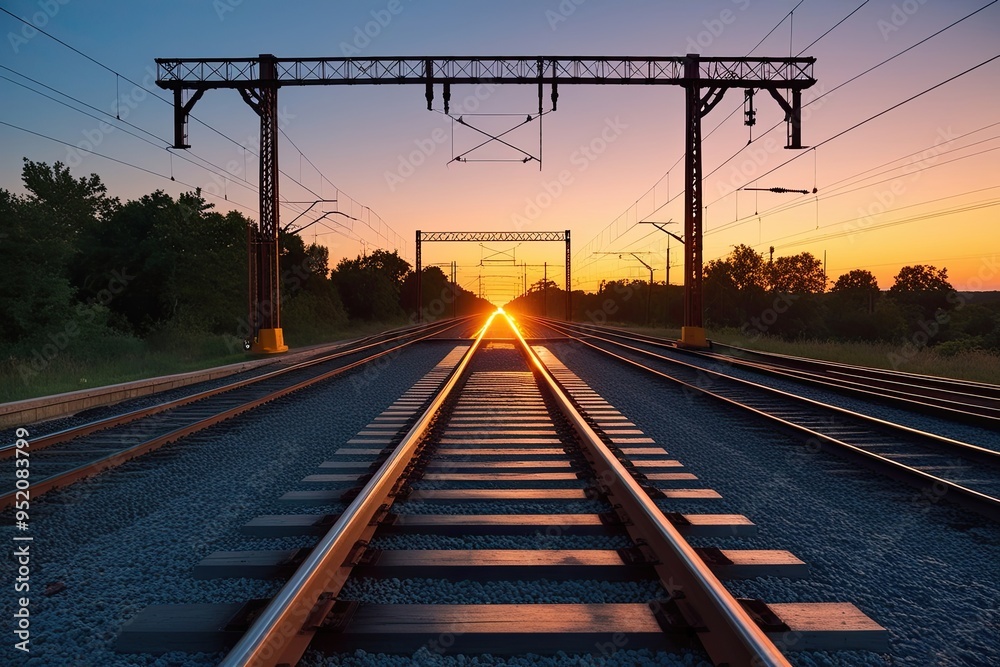 Fototapeta premium Sunset Scenic View of Illuminated Railway Crossing and Tracks Journey