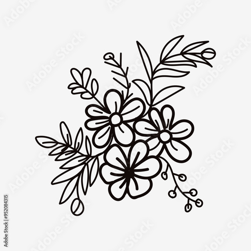Vector black flowers bouquet, illustration outlinne  image ,botanical lines art flower, Minimalist contour drawing of flower. line drawing of flower botany.Hand drawn sketch of flower with leaves.