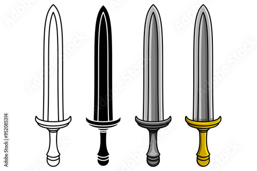 Vector silhouettes, icons and flat design line art of Arabian swords, pirates, knights, warriors, soldiers and executioners isolated on white background. Large sword collection set