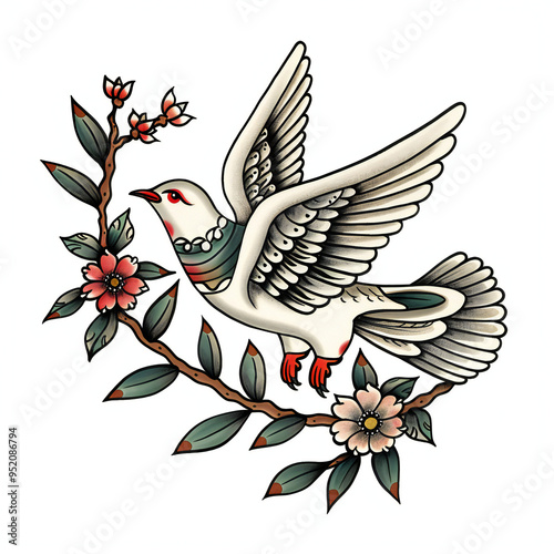 Dove bird flower very simple traditional tattoo flash styles illustration