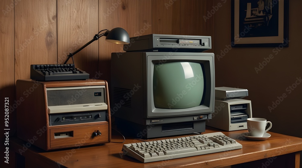 Fototapeta premium Vintage computer setup including CRT monitor keyboard.generative.ai