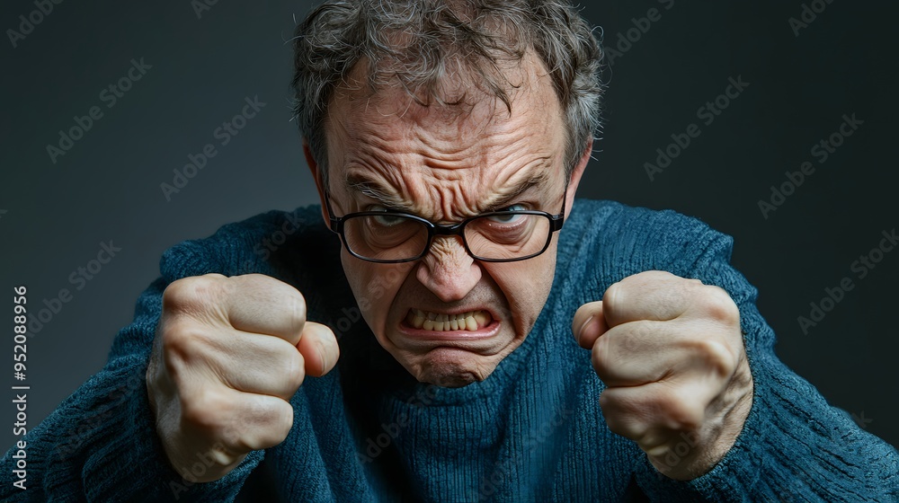 4. A middle-aged person displaying frustration with clenched fists and a frown 4. A middle-aged person displaying frustration with clenched fists and a frown