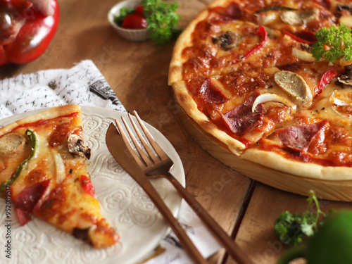 Pepperoni Mushroom Pizza with Melted Cheese, Cicken Sausage and Paprika photo