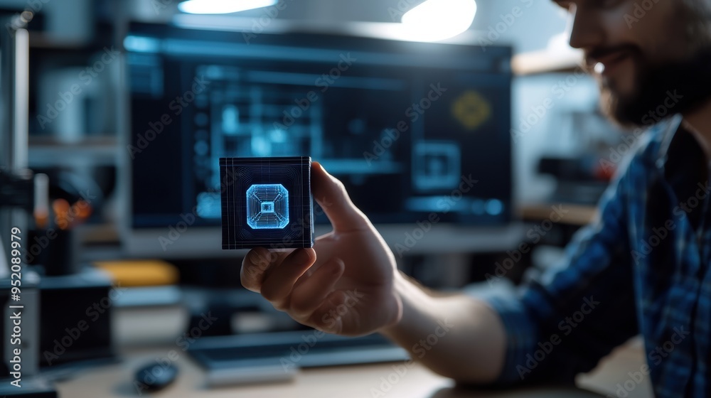 A vibrant image of a designer holding a freshly printed 3D model of a futuristic gadget, with a modern workspace in the background. A vibrant image of a designer holding a freshly printed 3D model of a futuristic gadget, with a modern workspace in the background.
