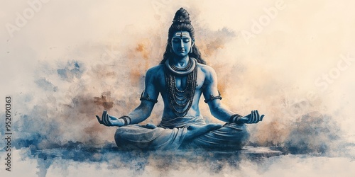 Hindu God Shiva statue in meditation. Generative AI， Watercolor Abstract for Modern Spirituality. Vibrant Red-Blue Hindu Art Ideal for T-Shirts, Posters, and UI Projects. Minimalist Cultural Design Pe