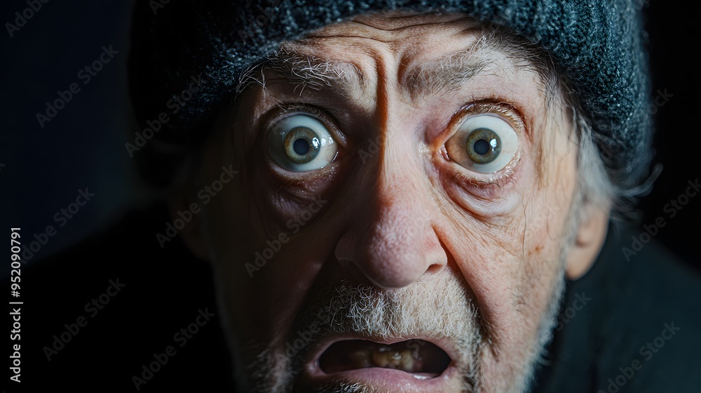 98. An elderly person expressing fear with wide eyes and a worried expression 98. An elderly person expressing fear with wide eyes and a worried expression