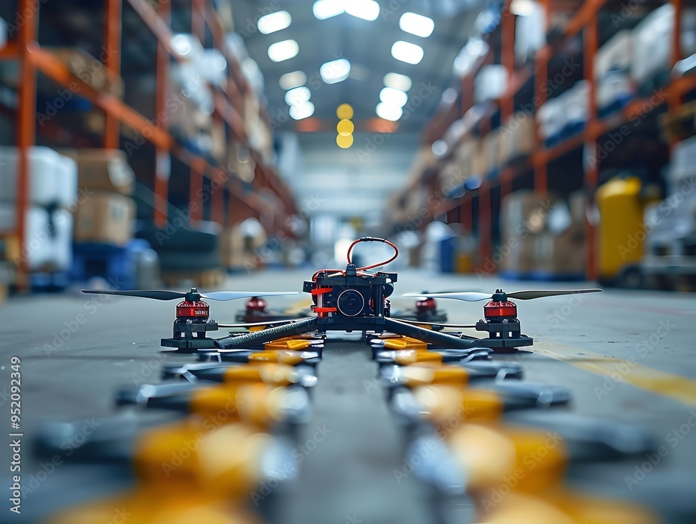 Fototapeta premium Drone Racing Through Obstacle Filled Warehouse Capturing Dynamic Action and Speed