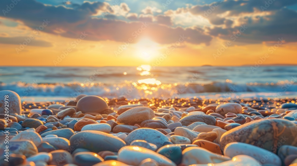 A sun-kissed beach adorned with an array of smooth, multicolored rocks, their polished surfaces gleaming under the golden rays of the setting sun. A sun-kissed beach adorned with an array of smooth, multicolored rocks, their polished surfaces gleaming under the golden rays of the setting sun.