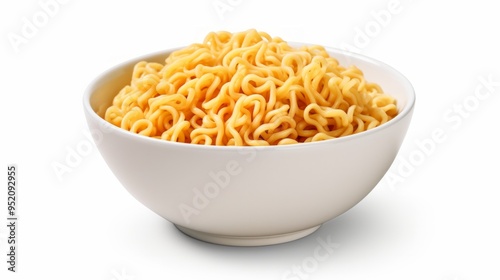 Isolated instant noodles in white bowl. Cooked instant noodles with vegetables in bowl isolated on white background. Neural network ai generated art