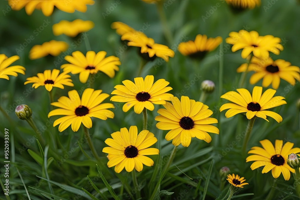 Vibrant Black-Eyed Susan Flowers Blossoming in Lush Green Grass Vibrant Black-Eyed Susan Flowers Blossoming in Lush Green Grass